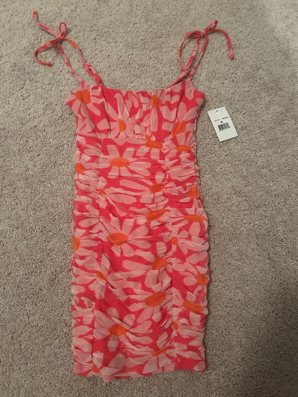 Midnight Doll Pink & Orange Floral Ruched Tie-Strap Dress XS